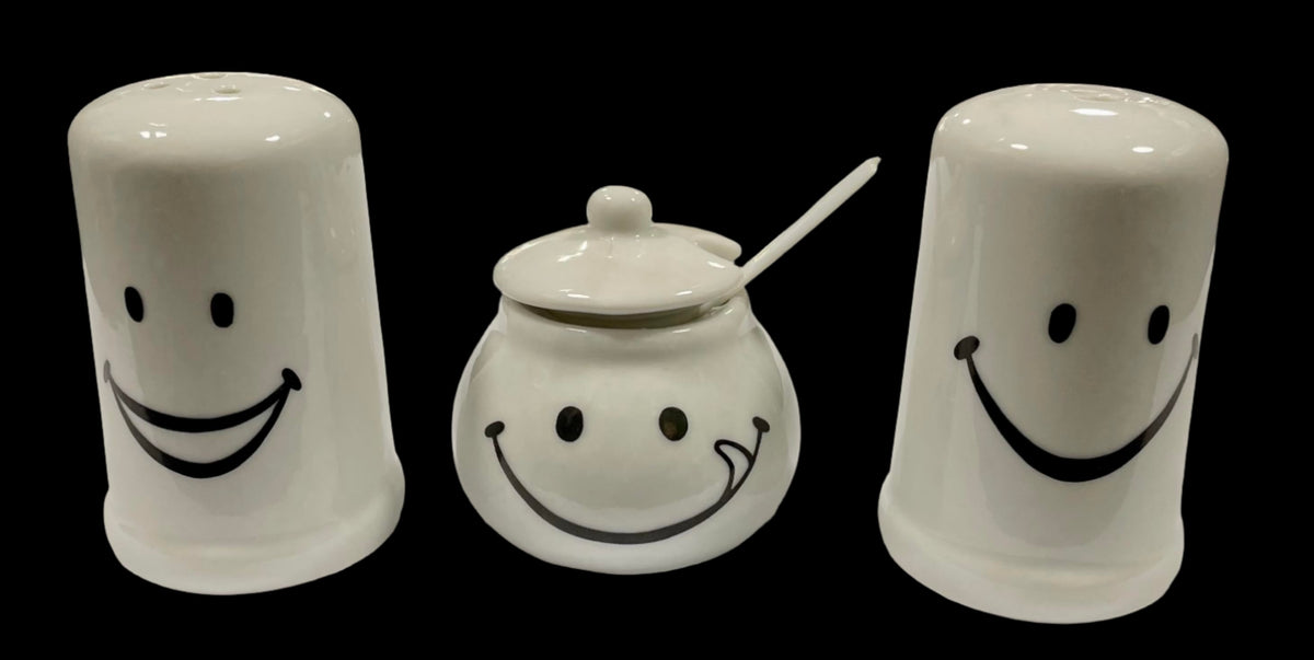 Smiley Face Salt and Pepper Shakers with Mustard Pot