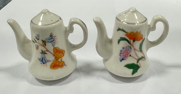 Vintage Japan Lego Teapot Shaped Floral & Butterfly Decorated Salt & Pepper Shakers