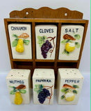 Vintage Ceramic Spice Shakers With Wooden Rack