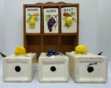 Vintage Ceramic Spice Shakers With Wooden Rack
