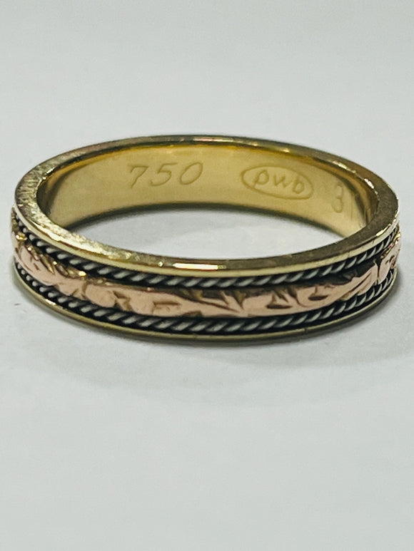 18ct Yellow and Rose Gold Etched Patterned Band Ring