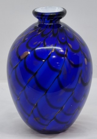 Blue Glass Vase with Black/Gold Swirl