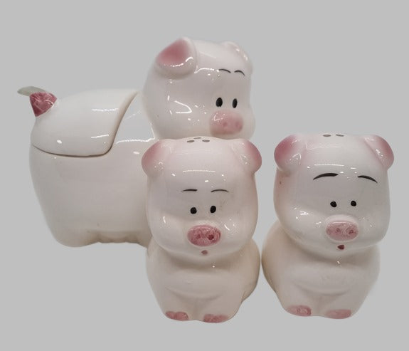 Trio of Pigs Salt and Pepper Shakers and Mustard Pot