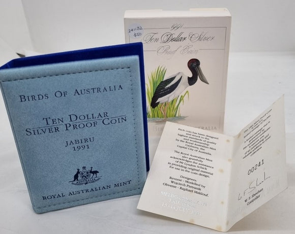 1991 Ten Dollar Silver Proof Coin The Birds of Australia Jabiru