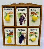 Vintage Ceramic Spice Shakers With Wooden Rack