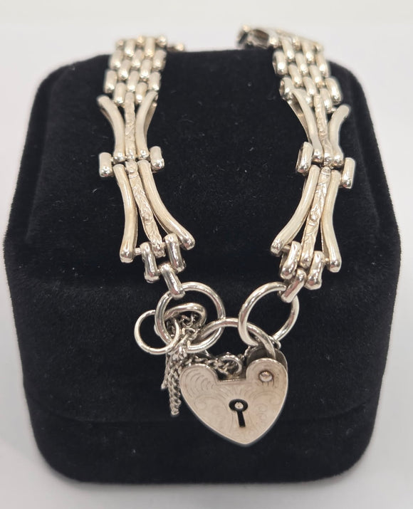 Silver Gate Bracelet With Heart Clasp and Safety Chain