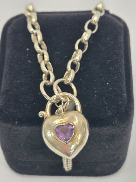 Silver Bracelet with Heart Locket and Amethyst
